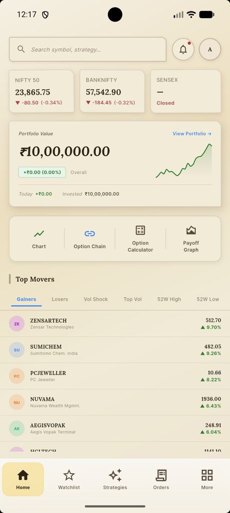 AbhiTrade mobile app home screen with portfolio value and top movers
